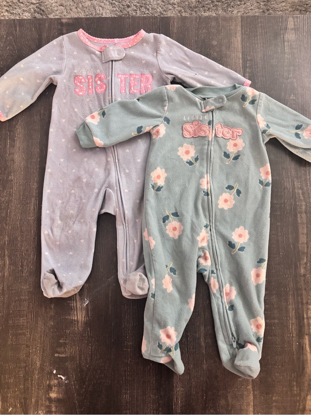 One-Piece Fleece Footed Little Sister Sleeper Bundle- Pink & Light Blue Floral